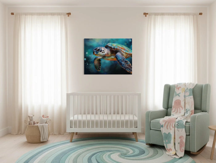 Modern coastal nursery decor with white crib with sea turtle glass art print above, styled in soft ocean-inspired colors.