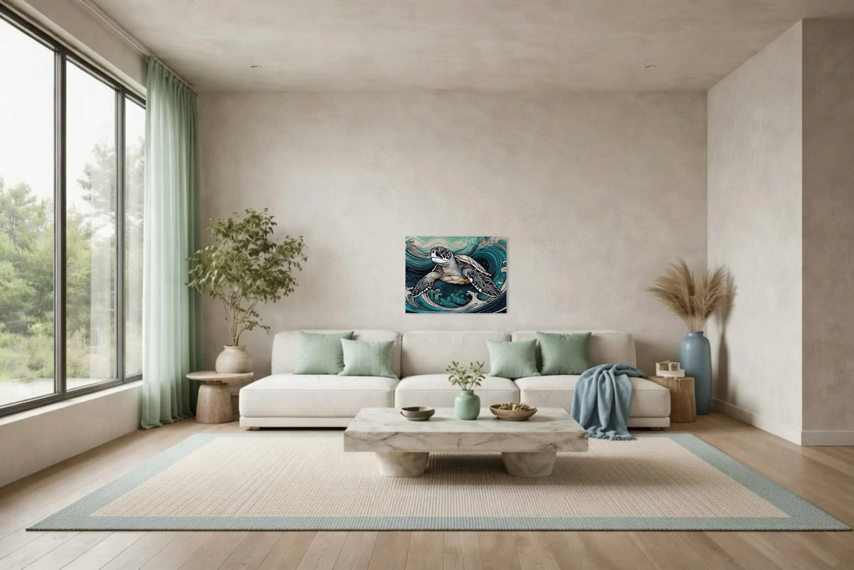 Coastal living room styled with a soft sea turtle color palette featuring seafoam green accents, neutral sofa, and sea turtle ocean wall art.