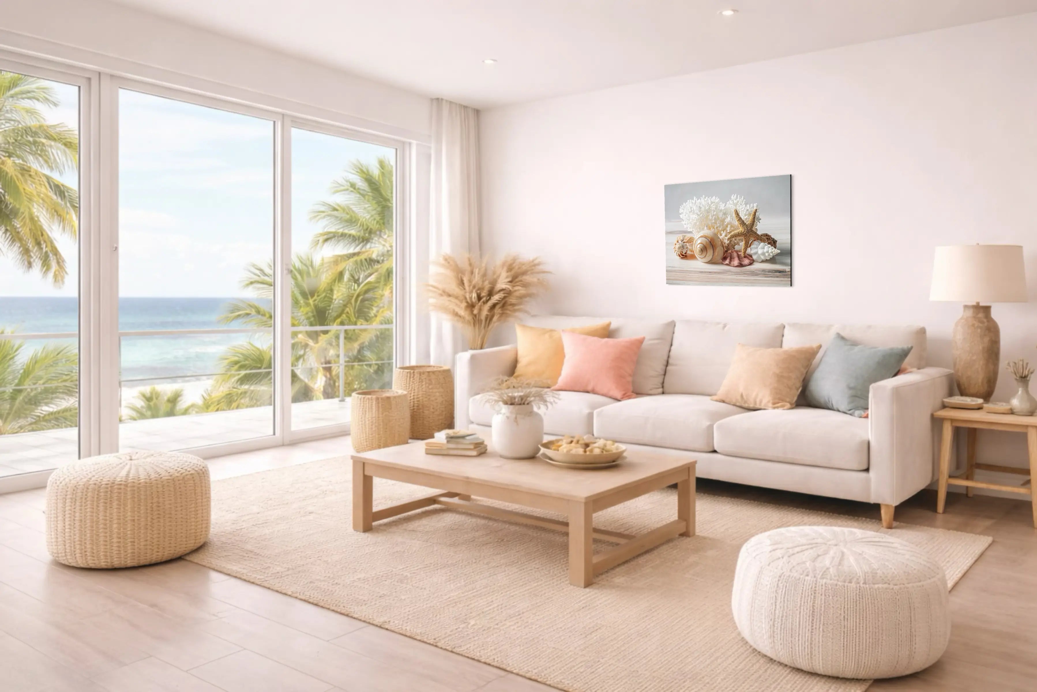 Coastal living room with ocean view styled with sunset color palette and coral accent pillows