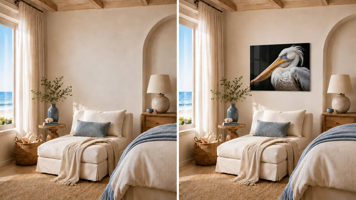 Side-by-side comparison of the same soft coastal bedroom sitting corner shown without artwork and with a dark pelican glass print, illustrating how coastal wall art can transform a room.