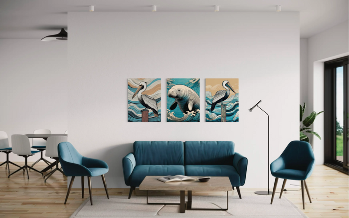 Coastal Hygge gallery wall featuring Hokusai-inspired glass art of pelicans and a manatee in tranquil ocean tones.