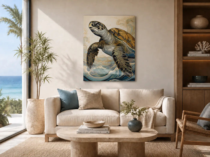 Serene coastal living room featuring sea turtle art glass print, inspired by marine life and ocean calm.
