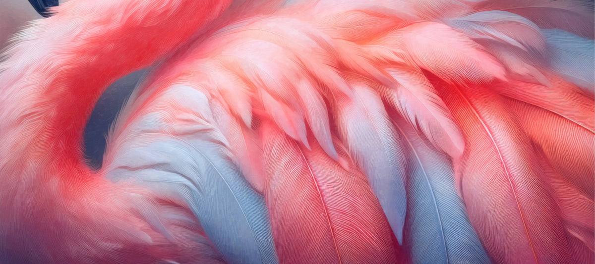 Close-up of pink flamingo feathers in a coastal art triptych, hero image for a blog about pink flamingo meaning.
