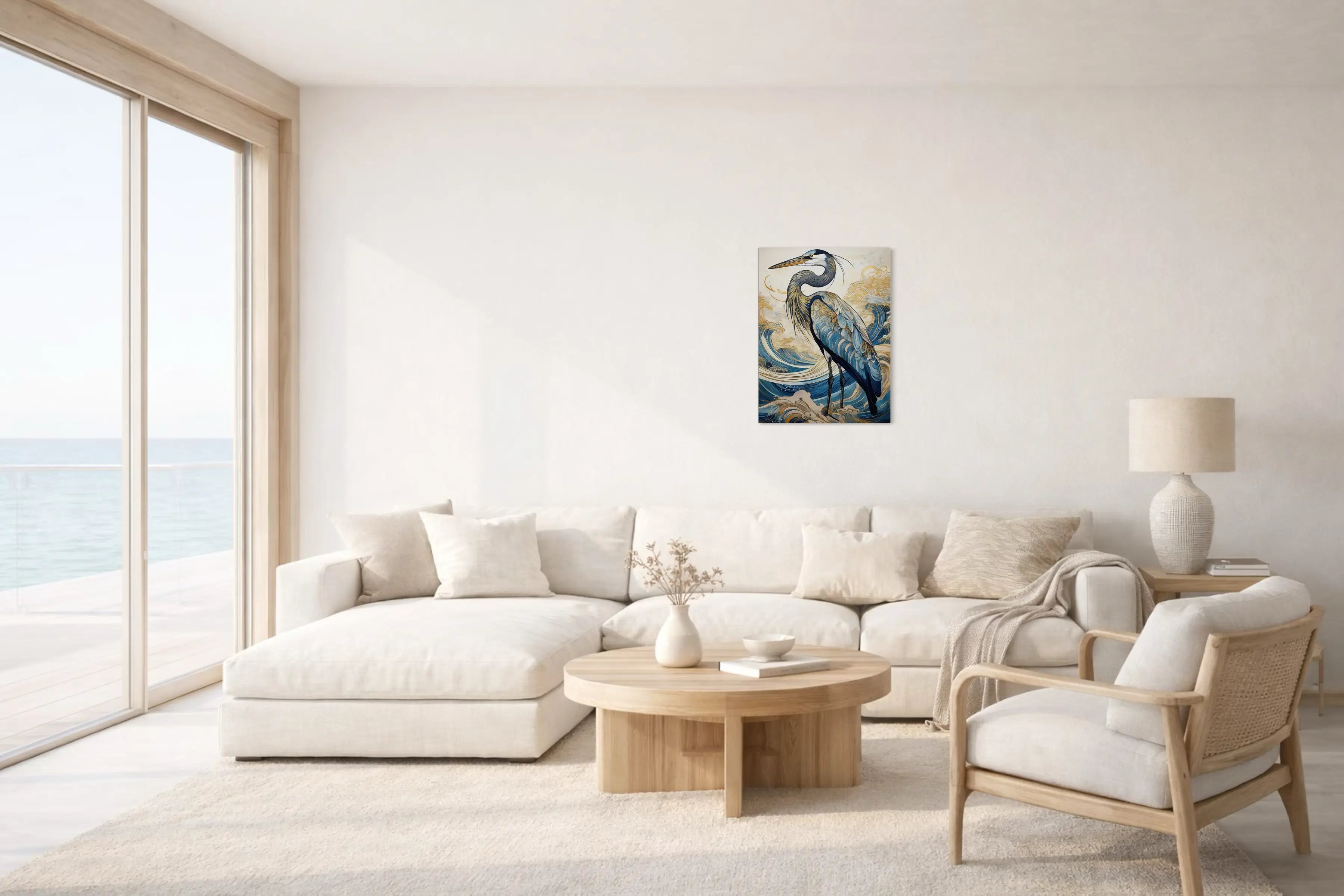 Stylized blue heron glass print  holds a quiet presence in a coastal living room.