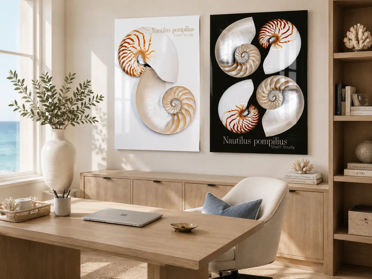 Coastal home office with two Nautilus pompilius shell study glass prints above a light wood credenza, styled in a calm neutral workspace with an ocean view