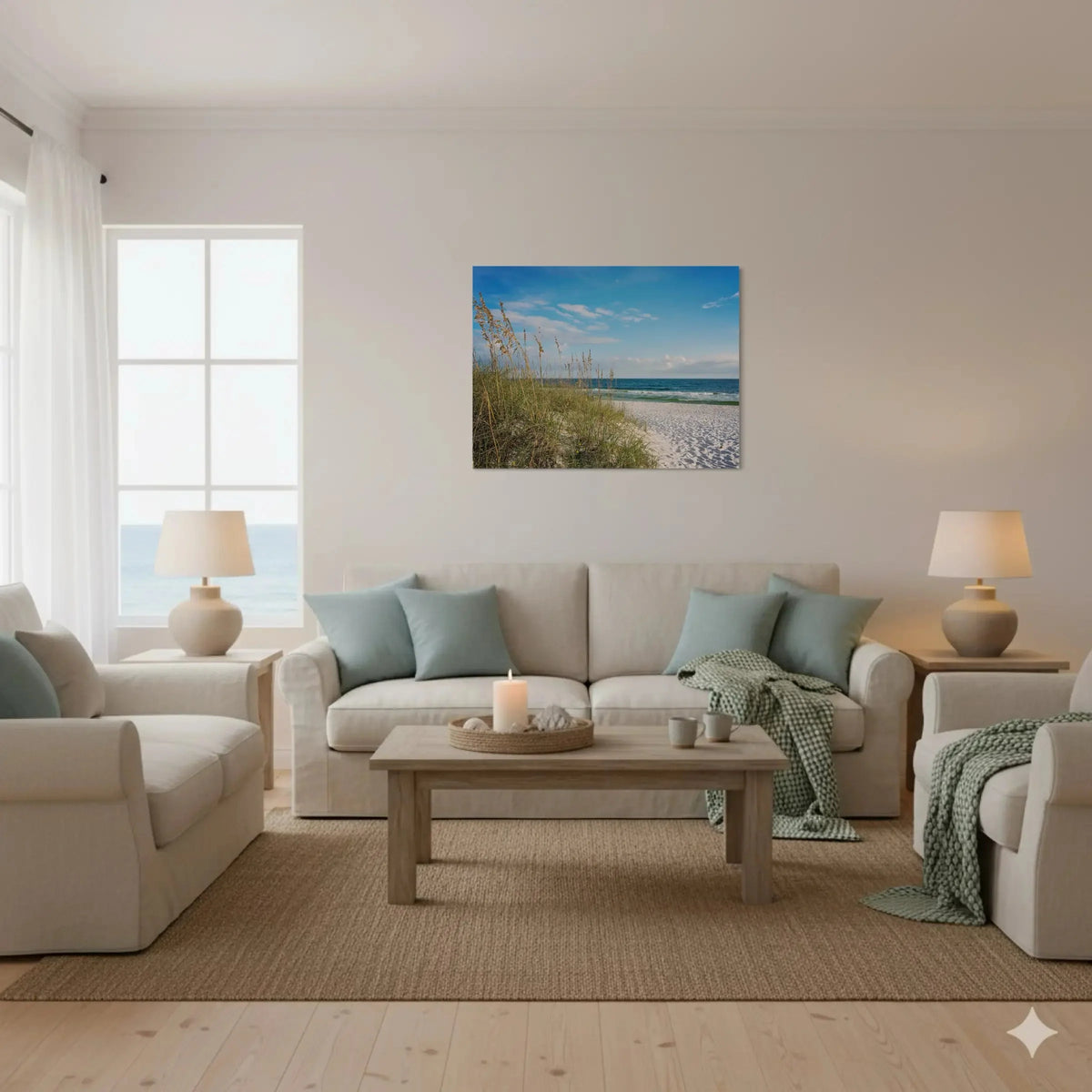 A serene coastal hygge living room illuminated by soft natural light and warm ambient lamps, creating a welcoming atmosphere.
