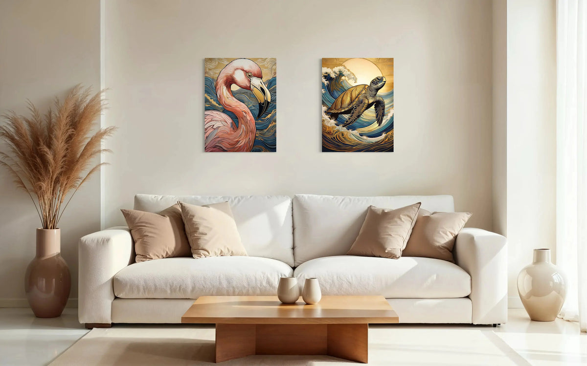 Flamingo line art glass print paired with golden sea turtle glass print in a coastal Feng Shui wall arrangement.