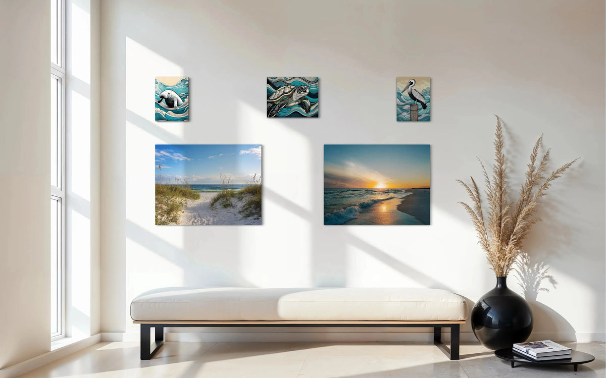 Coastal Feng Shui gallery wall with sea turtle, dunes, sunset, pelican and manatee prints balancing color and energy