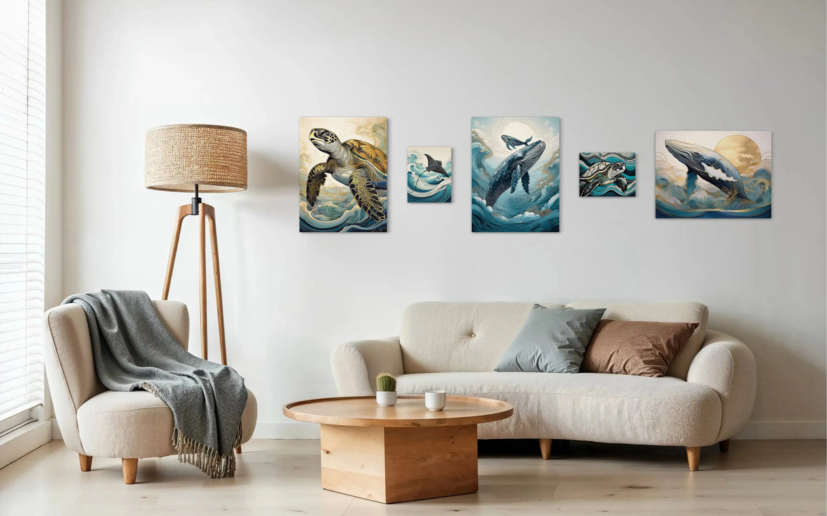 Coastal Feng Shui gallery wall featuring whales, turtles and manta rays in a living room -Echoes of the Sea