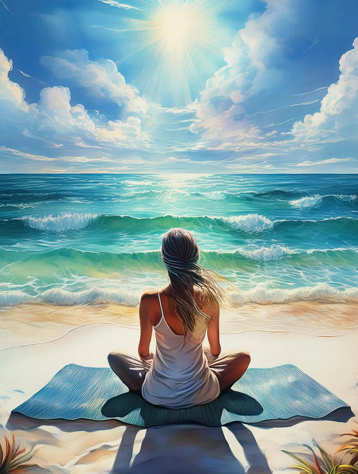 Echoes of the Sea glass print of woman meditating on tranquil beach