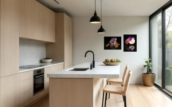 Coastal kitchen with Echoes of the Sea glass prints