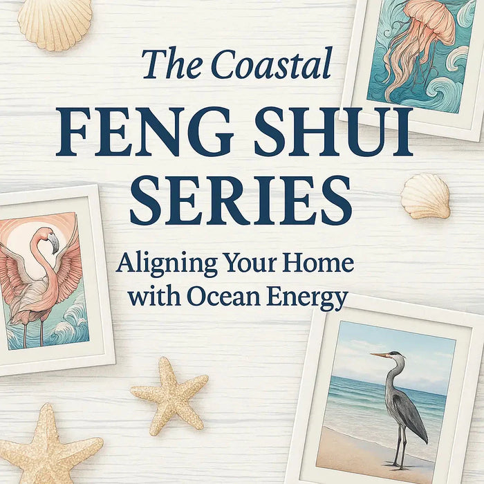 Coastal Feng Shui blog index illustration featuring ocean energy and beach-inspired home decor