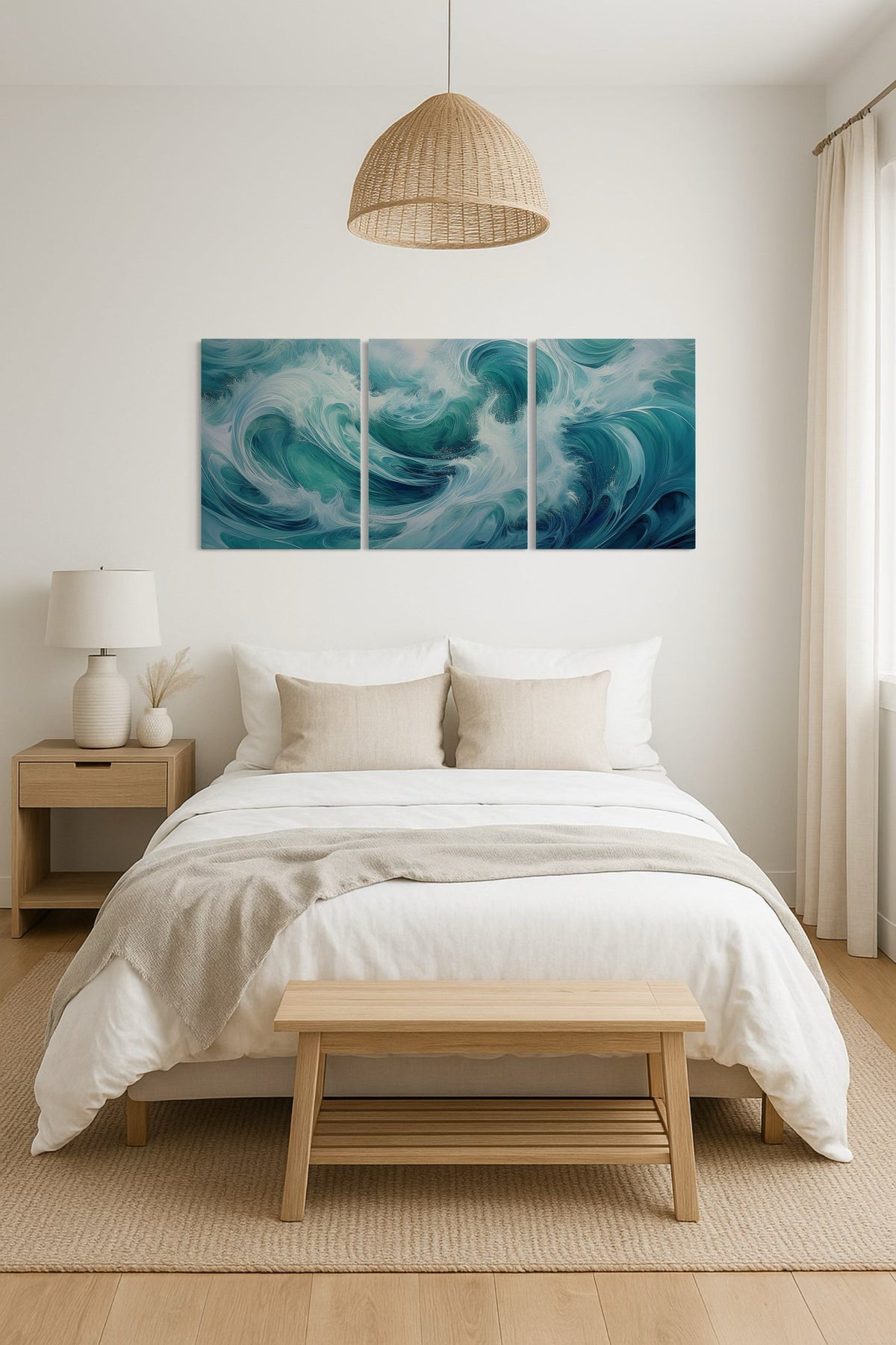 Modern coastal bedroom with abstract wave triptych glass wall art and soft neutral décor