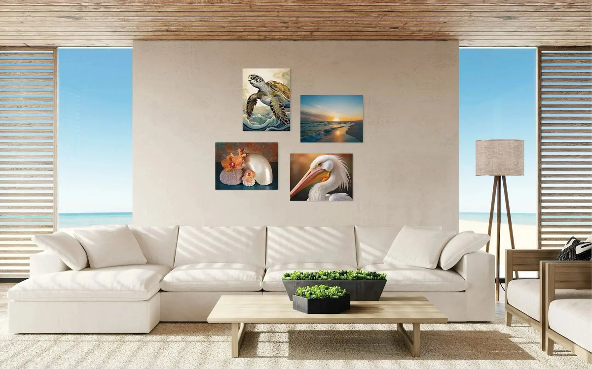 Coastal Feng Shui living room with glass prints and ocean-inspired styling