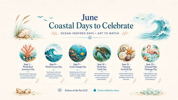 Illustrated June coastal days calendar graphic featuring World Reef Awareness Day, World Oceans Day, Coral Triangle Day, World Sea Turtle Day, National Seashell Day, and National Pink Flamingo Day.