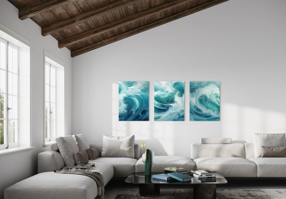 Modern Coastal Chic living room with glass wave art and gold accents
