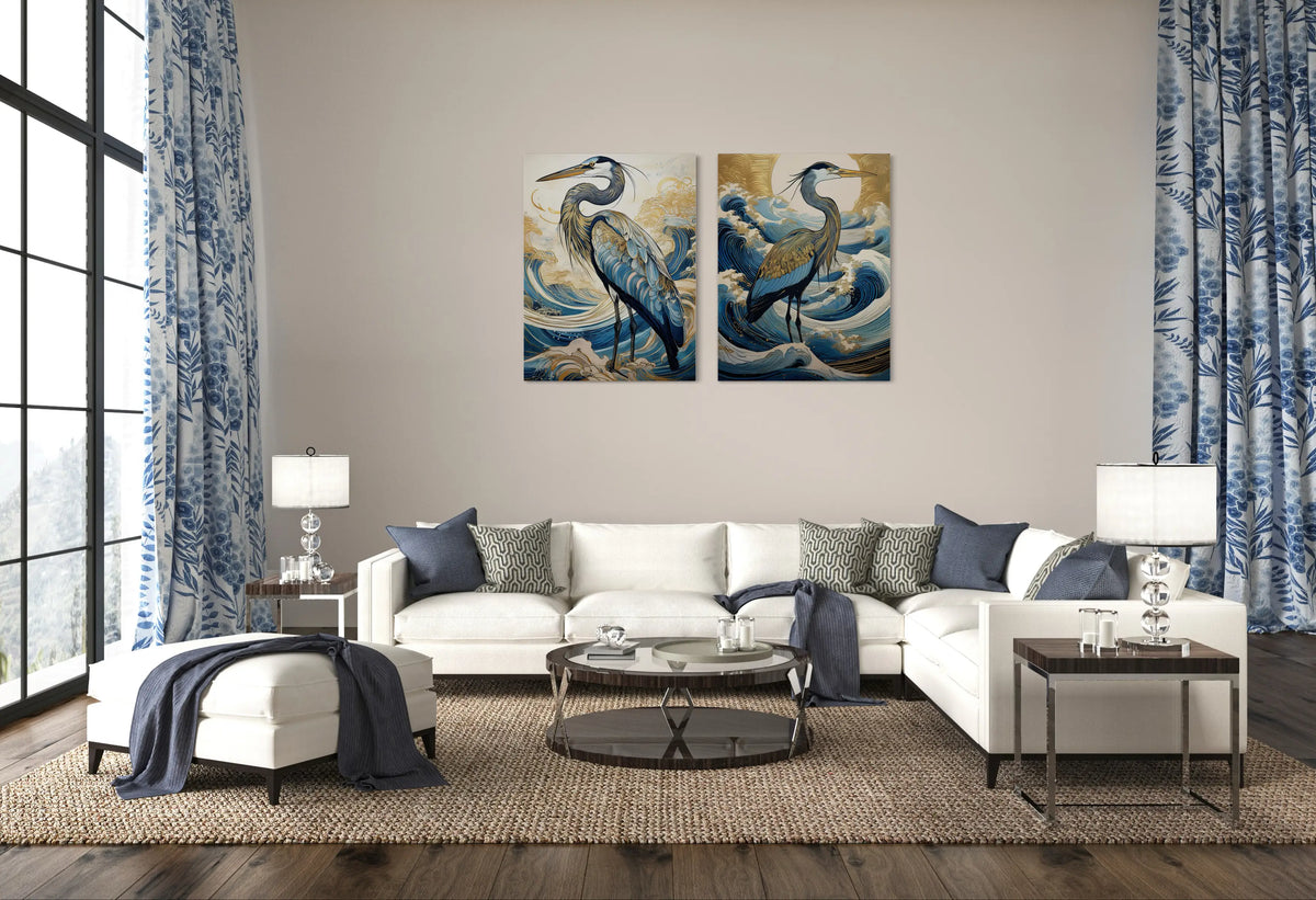 Luxury coastal or coastal glam living room with two Echoes of the Sea heron glass prints