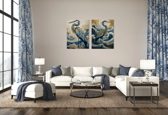 Luxury coastal or coastal glam living room with two Echoes of the Sea heron glass prints