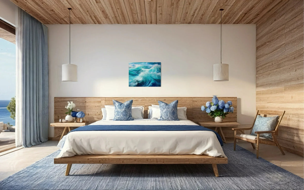Meditteranean coastal style bedroom with abstract blue and teal wave glass print.