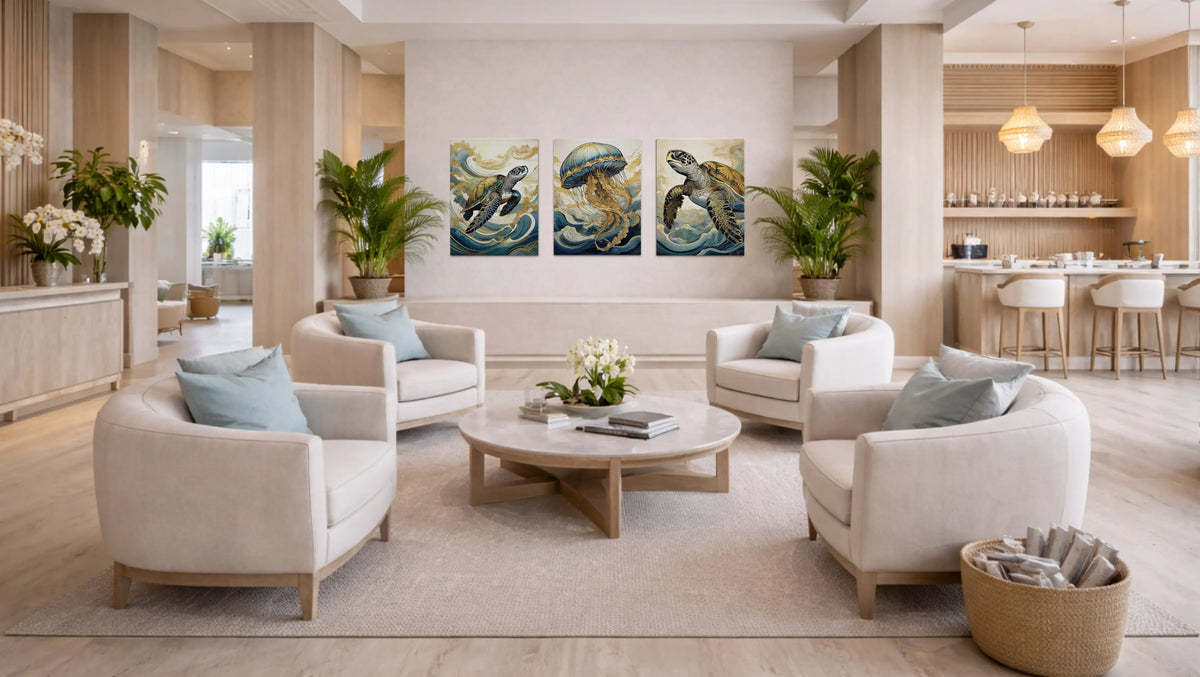Modern coastal hotel lobby with marine life glass wall art above lounge seating in a spa-like hospitality interior.