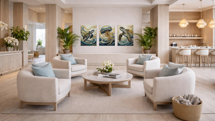 Modern coastal hotel lobby with marine life glass wall art above lounge seating in a spa-like hospitality interior.