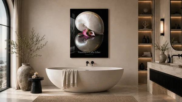 Coastal bathroom with freestanding tub  wit nautilus and calla lily glass print, modern coastal bathroom wall art.