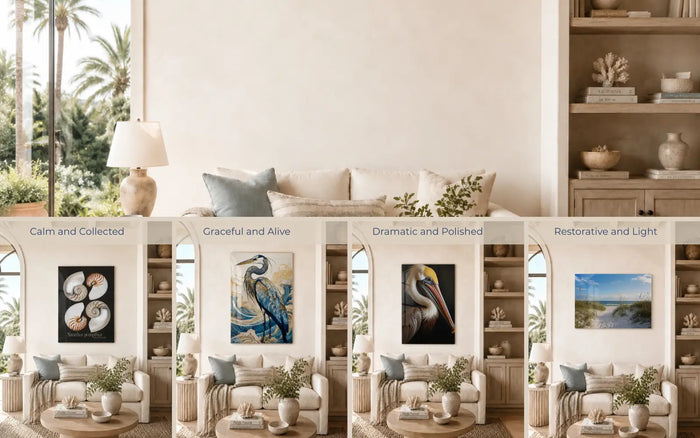 Four versions of the same coastal living room showing how different glass prints change the mood from calm and collected to graceful and alive, restorative and light, and dramatic and polished.