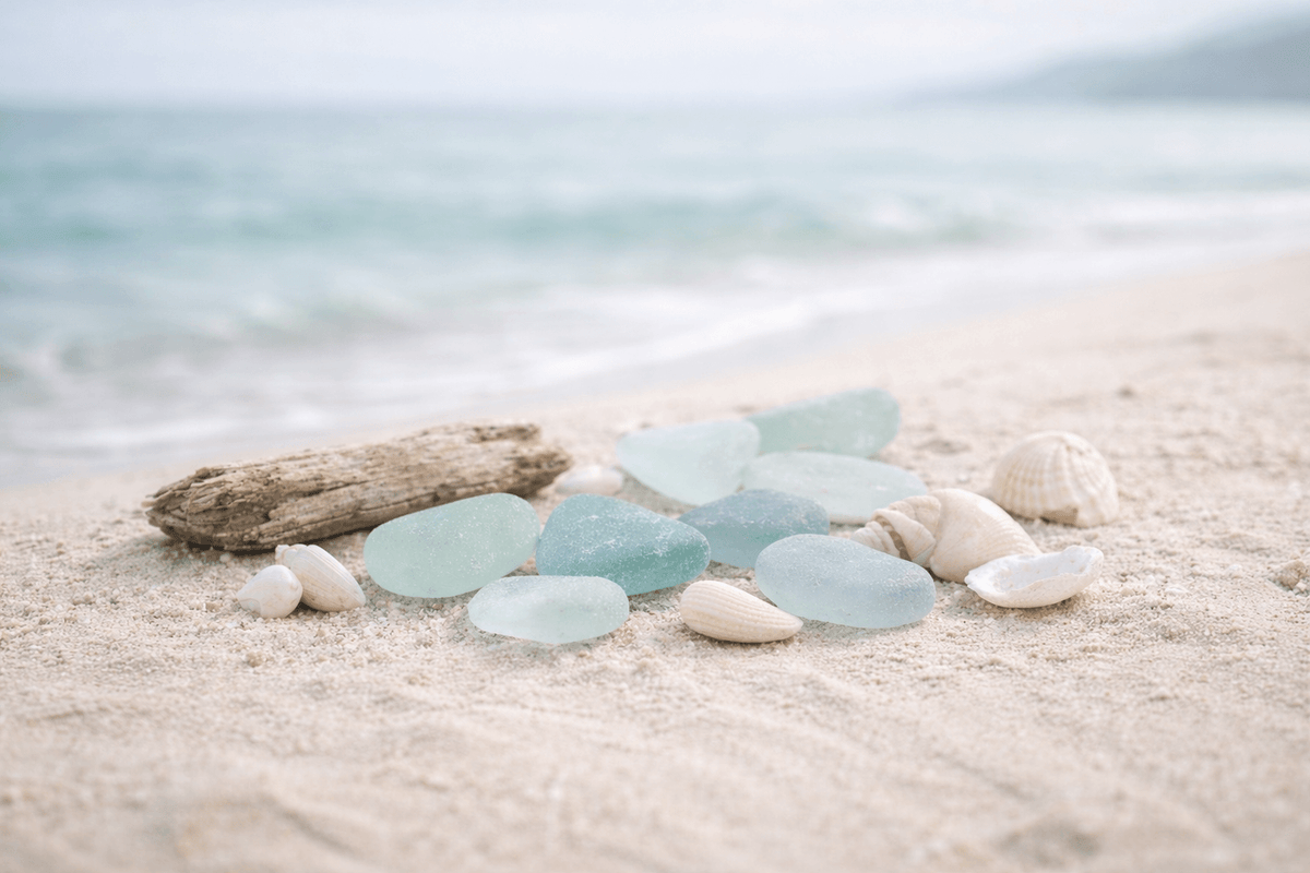 sea glass stones in soft aqua and seafoam tones inspired by coastal color palette
