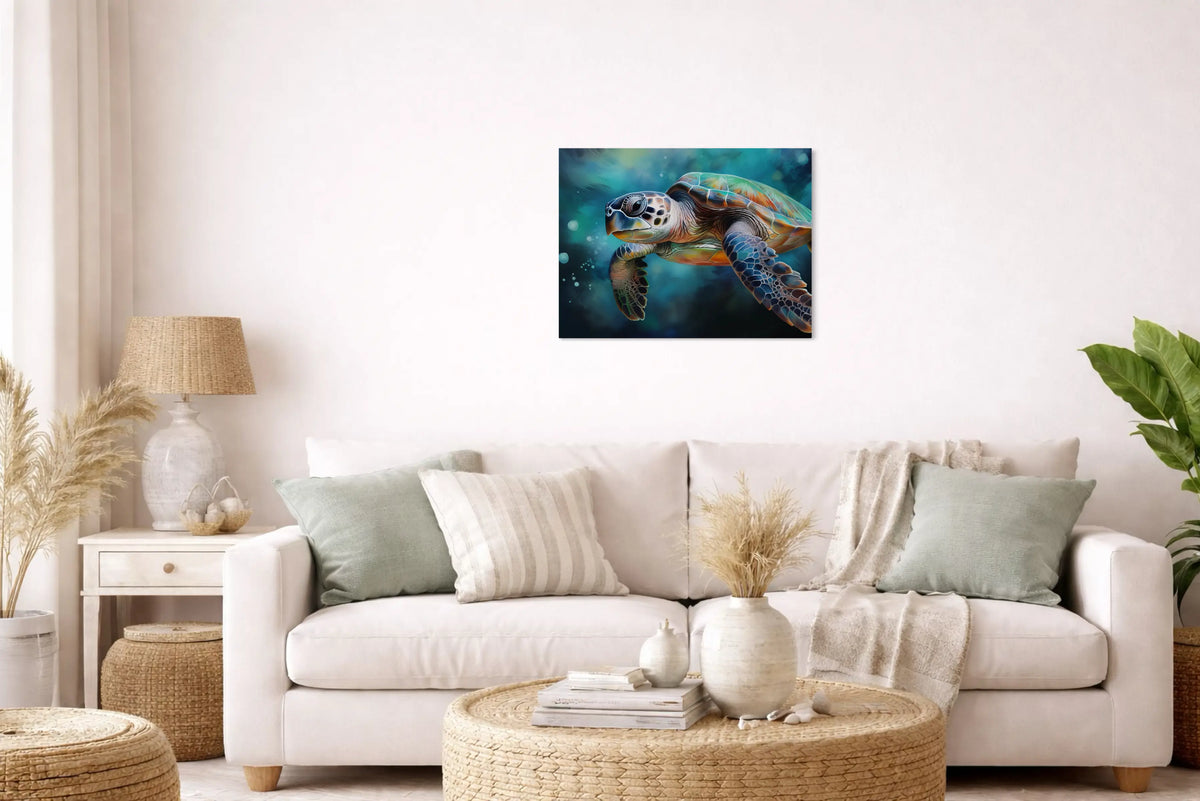 Serene coastal living room featuring sea turtle art glass print, inspired by marine life and ocean calm.