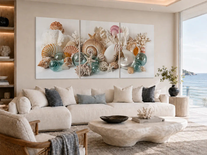 Modern coastal living room with nautilus, shells, and japenese floats triptych glass wall art .