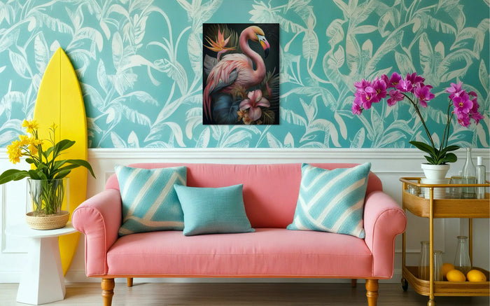 Tropical coastal living room in vibrant colors with an Echoes of the Sea flamingo print.
