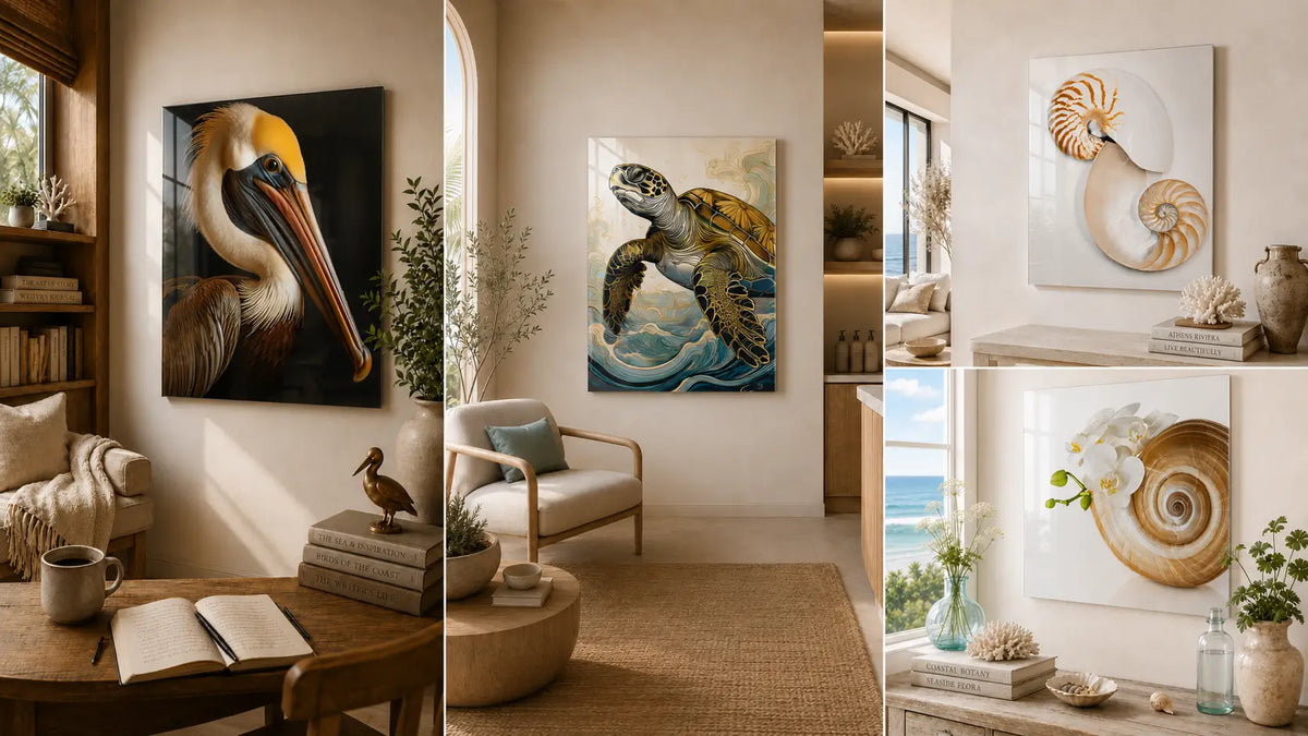 Horizontal collage of coastal glass wall art styled in warm modern interiors, featuring pelican, sea turtle, nautilus, and orchid shell prints as unexpected coastal wall art ideas for meaningful rooms.