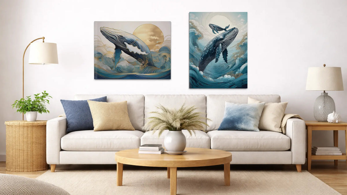 Whale glass wall art in coastal living room with neutral sofa, ocean blue decor, and modern beach house styling