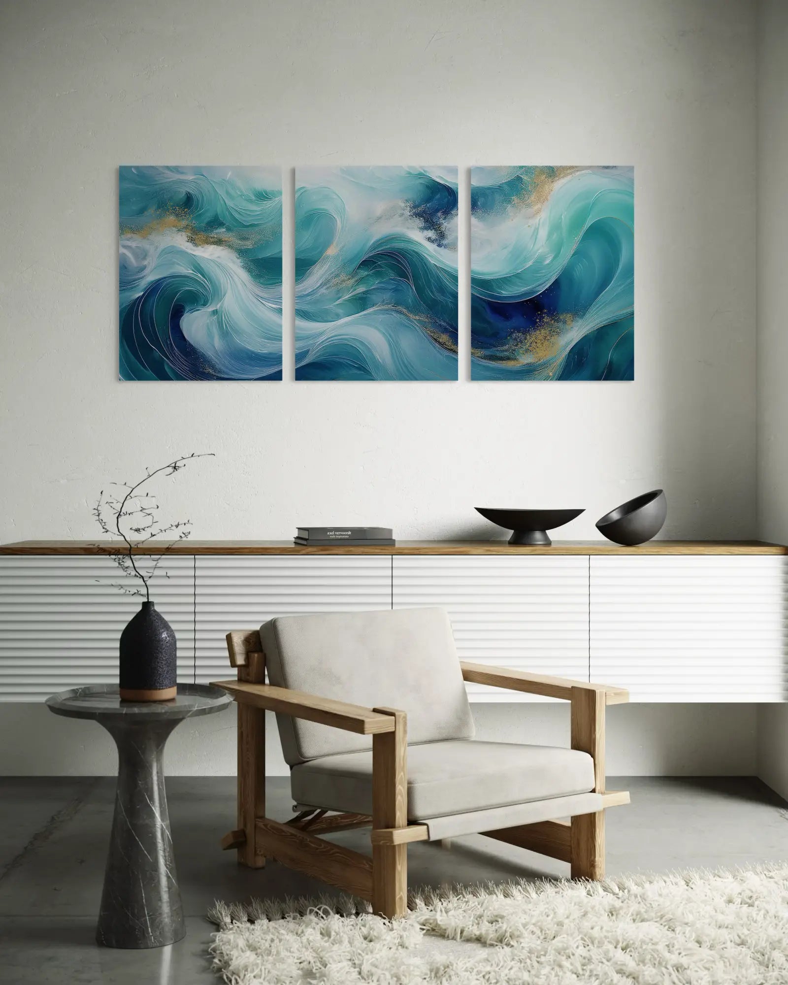 Triptych of glass prints from Abstract Coast featuring abstract representations of ocean waves in vibrant emerald and blue hues