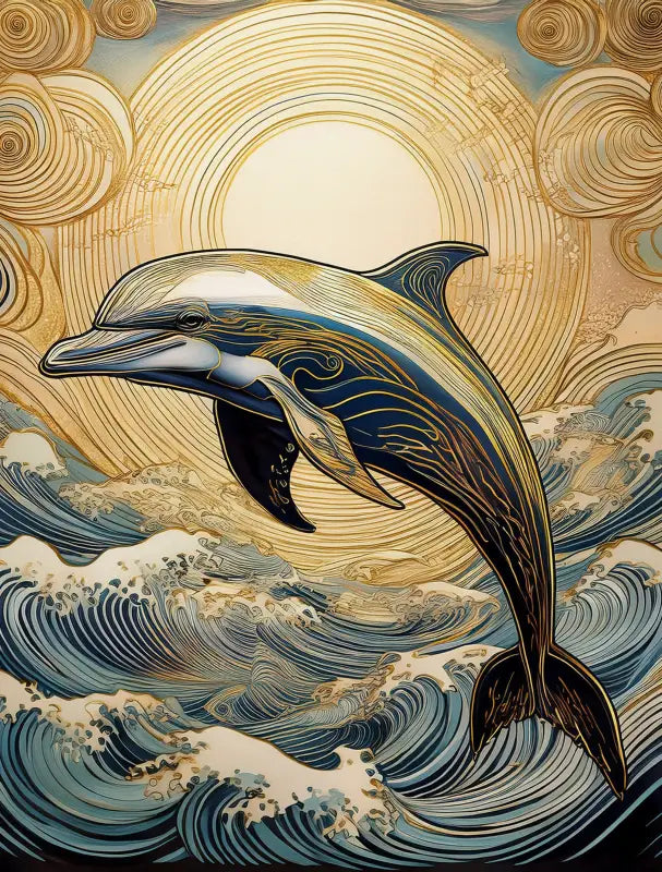 Golden dolphin wall art glass print — ocean-inspired décor featuring a dolphin leaping from waves beneath a radiant sun in coastal style.