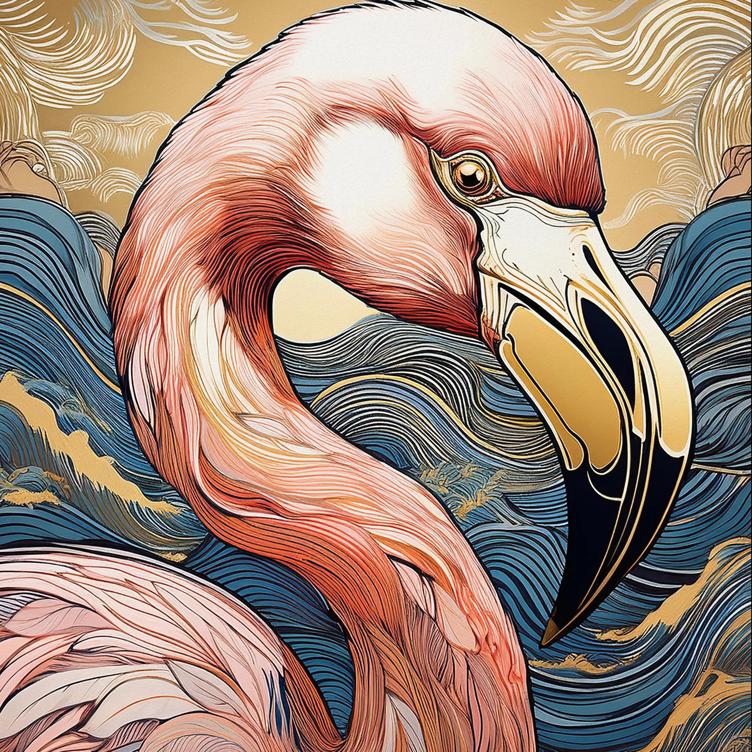 Gold accented line art Pink Flamingo art