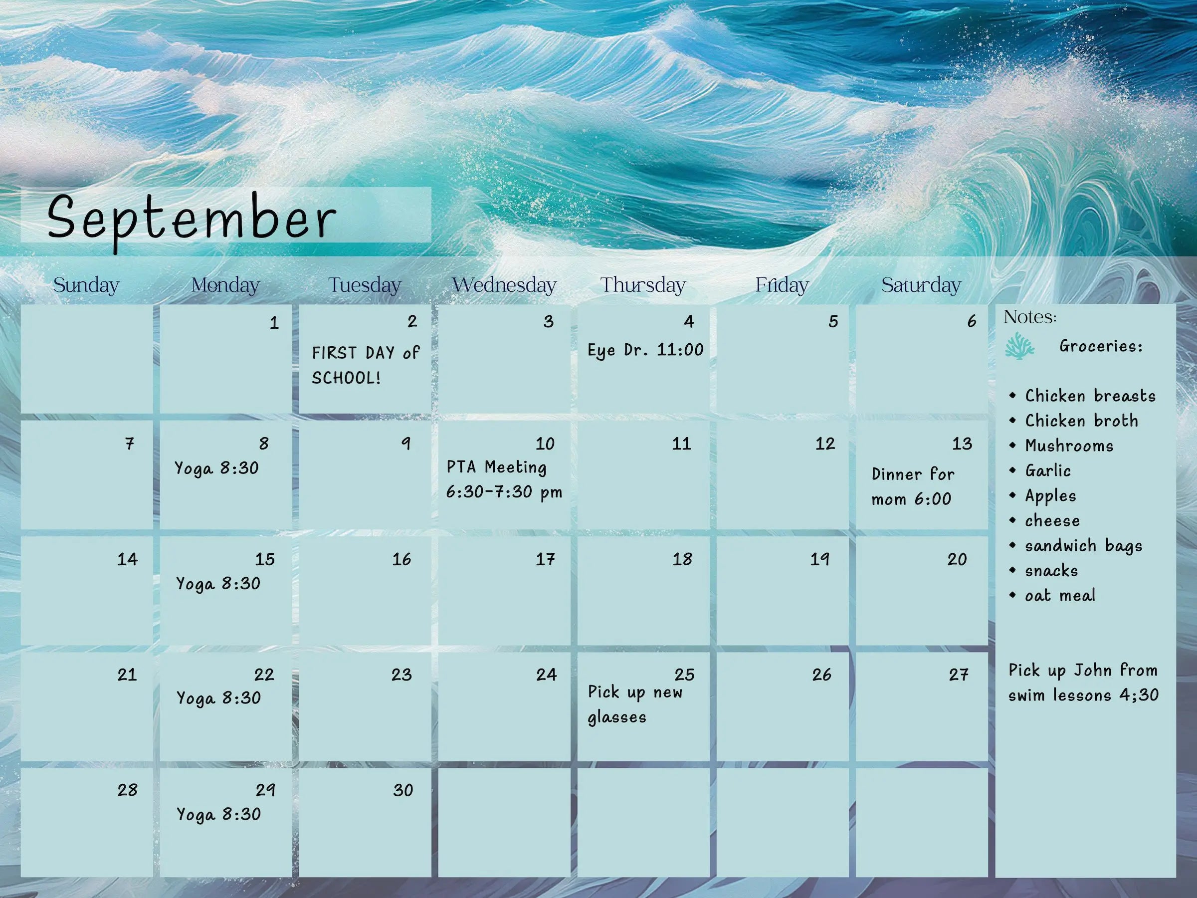 A dry-erase perpetual glass calendar with teal and blue ocean wave, showing the monthly grid and notes for a sustainable home and office, in use