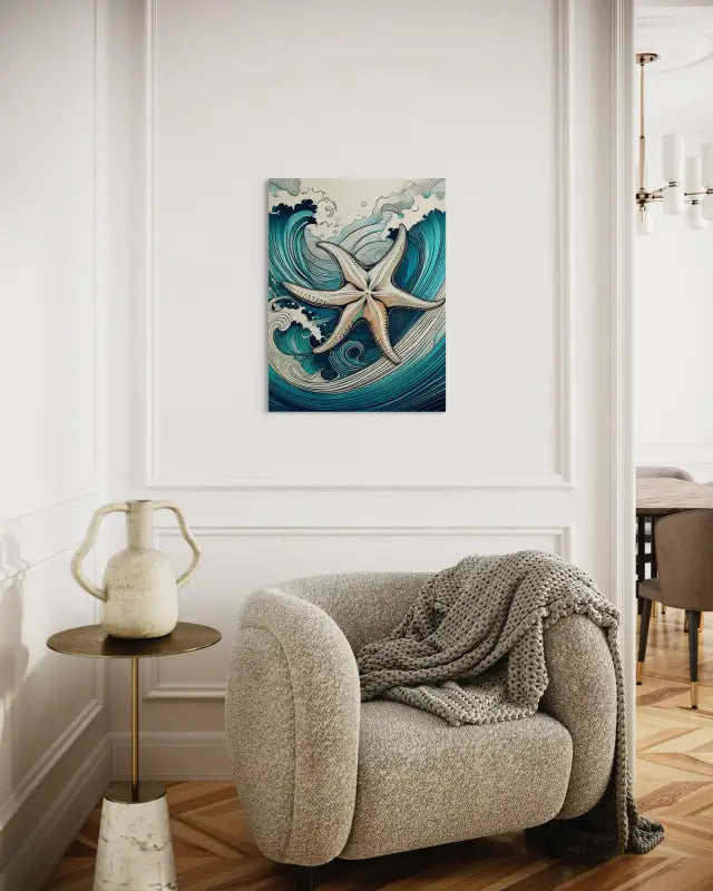 6-legged Starfish in Hokusai style waves of blue and teal coastal glass print -sitting area