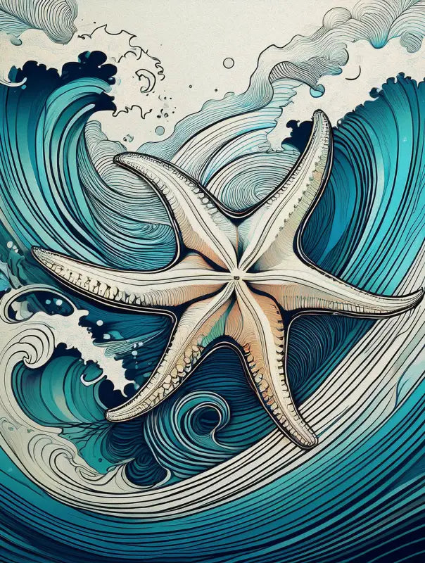 6-legged Starfish in Hokusai style waves of blue and teal coastal glass print 