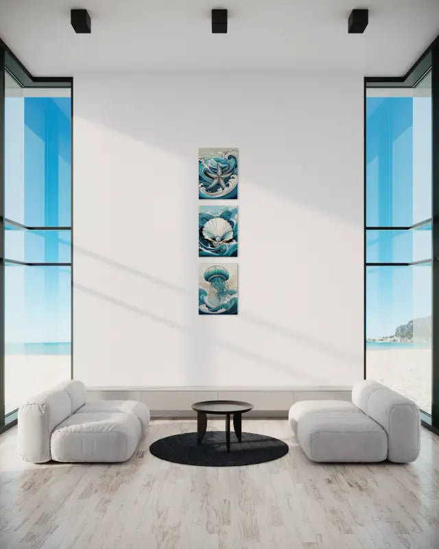 Eco-friendly glass print of a detailed starfish with Ukiyo-e waves from Echoes of the Sea-coastal wall gallery