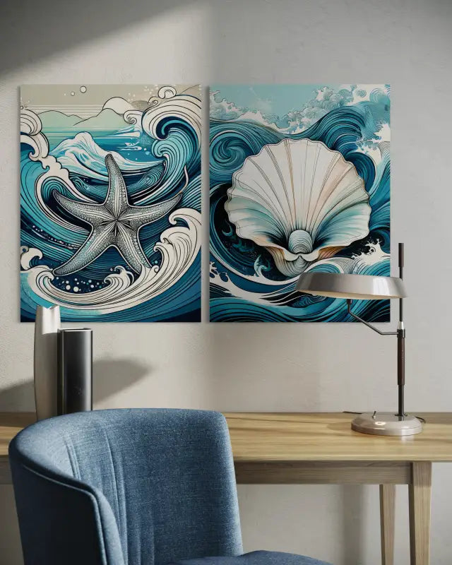 Eco-friendly glass print of a detailed starfish with Ukiyo-e waves from Echoes of the Sea displayed with another matching prints.