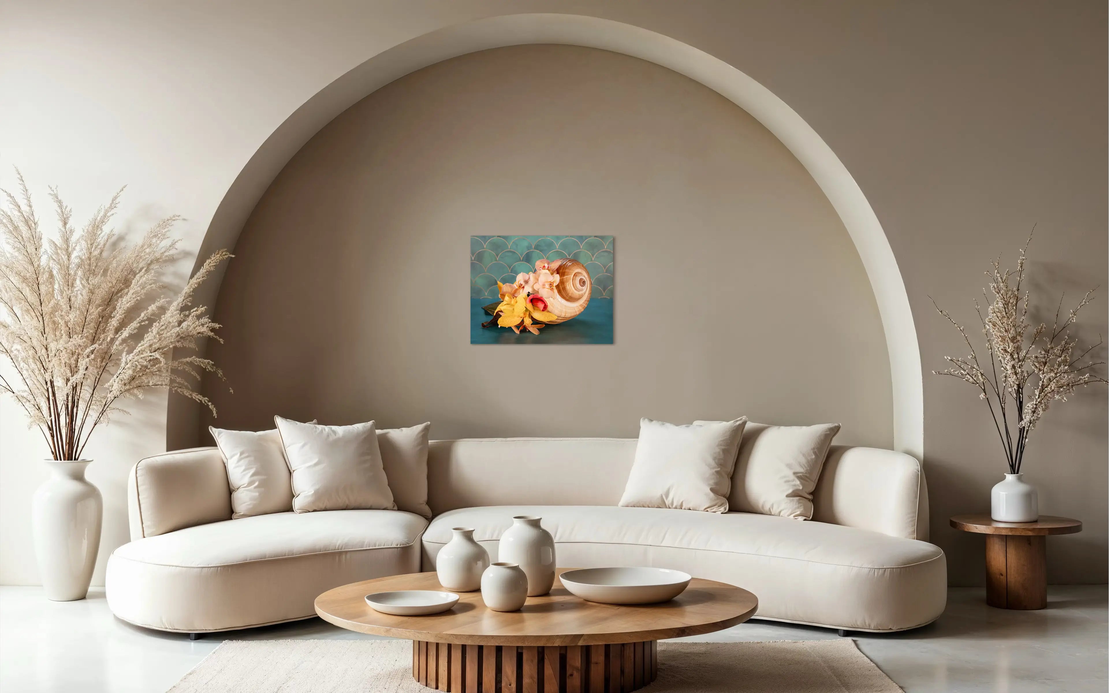 Eco-friendly glass print with giant tun shell and tropical flowers like orchids and hibiscus, ideal for coastal living room decor.