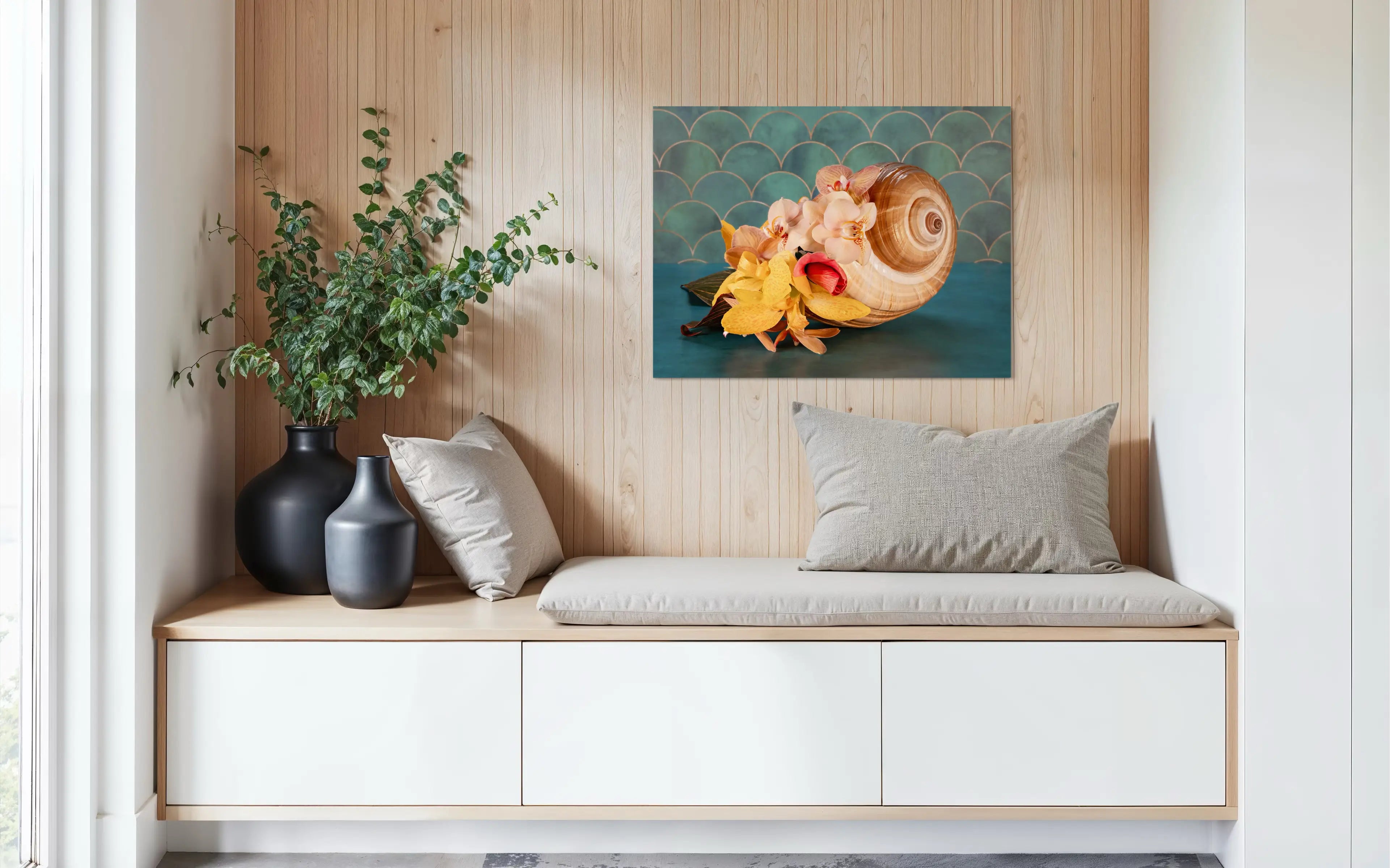 Eco-friendly glass print with giant tun shell and tropical flowers like orchids and hibiscus, ideal for coastal sitting area decor.