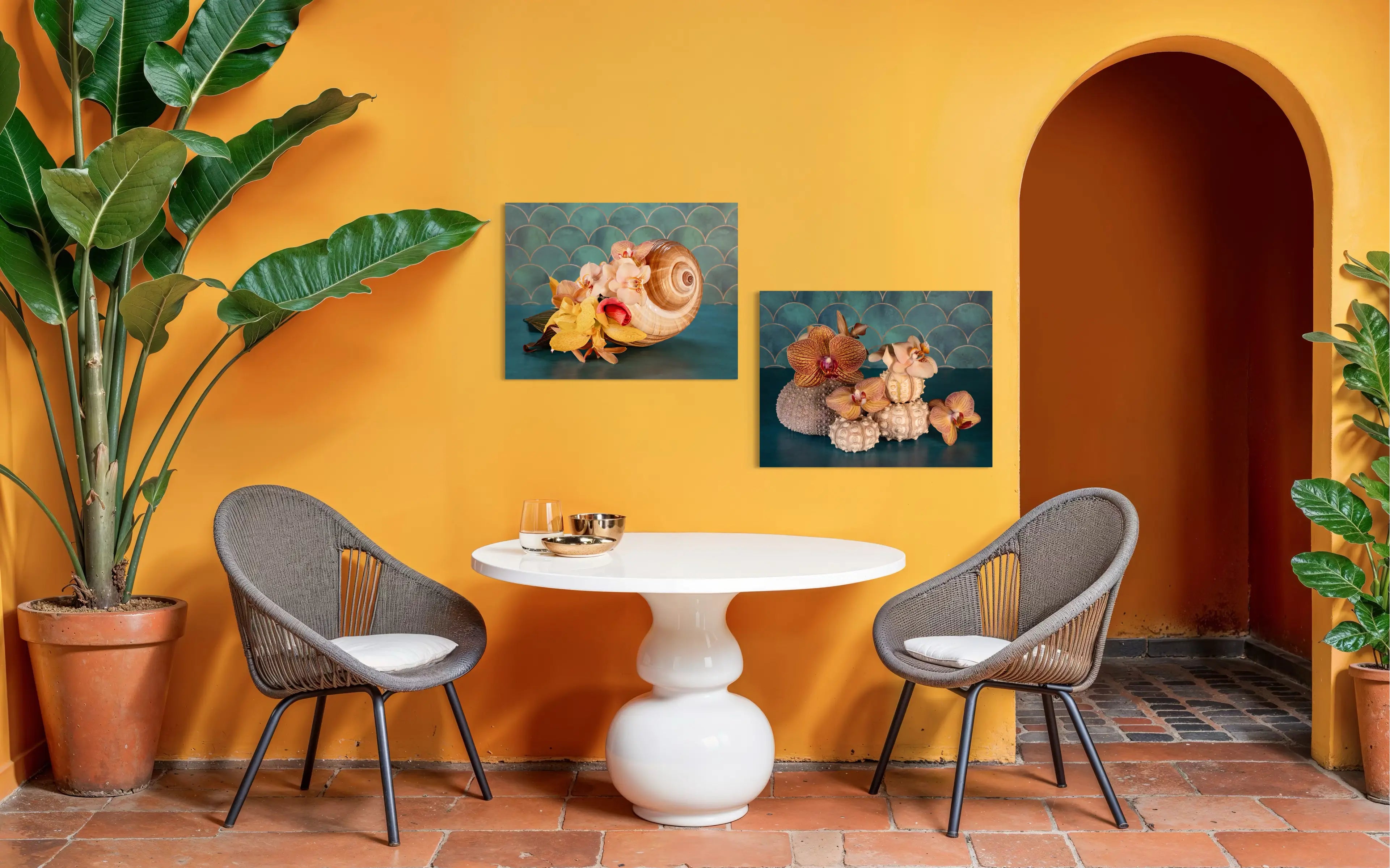 Eco-friendly glass print with giant tun shell and tropical flowers like orchids and hibiscus, ideal for colorful coastal home decor.