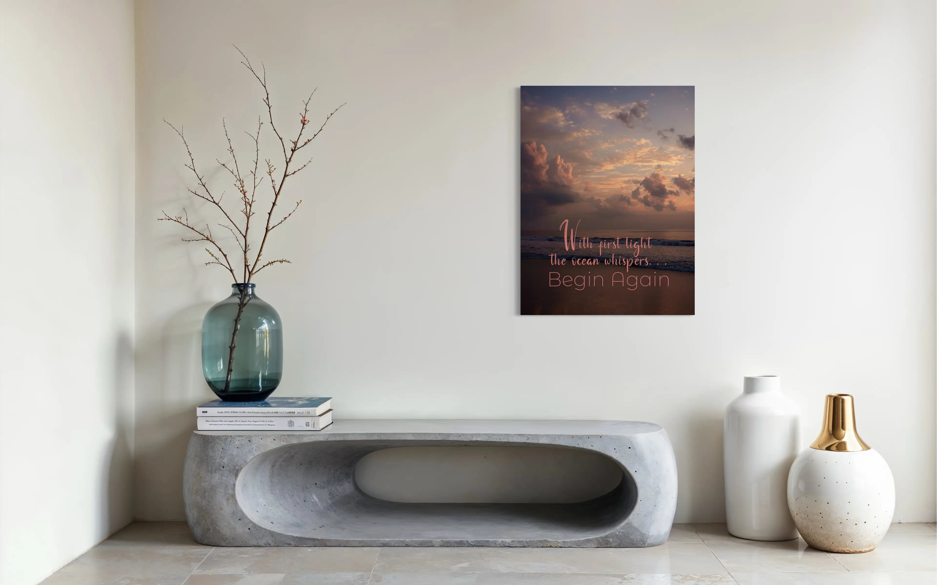 Begin Again sunrise ocean quote coastal glass print – inspirational beach wall art, modern coastal wall decor