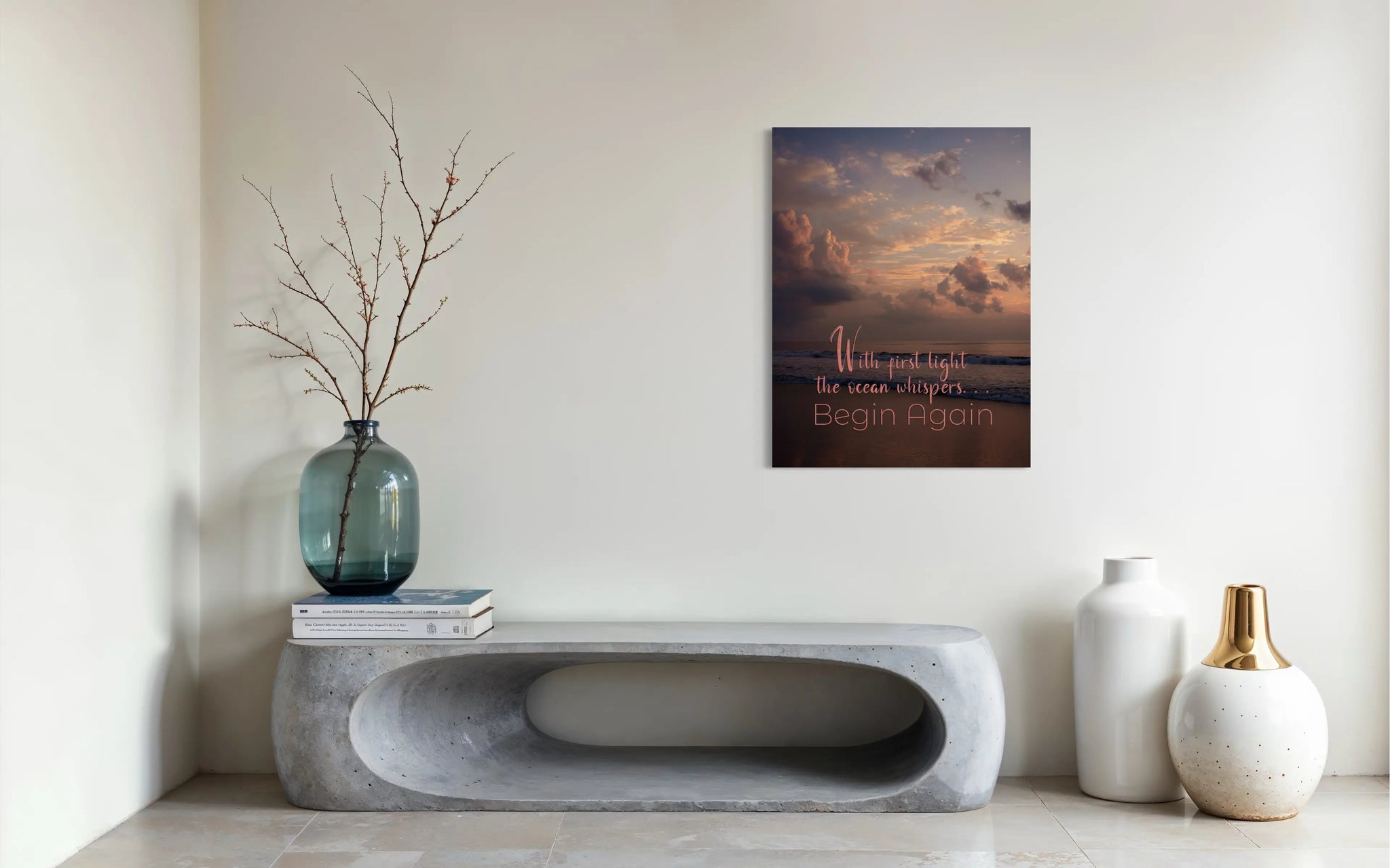 Begin Again sunrise ocean quote coastal glass print – inspirational beach wall art, modern coastal wall decor