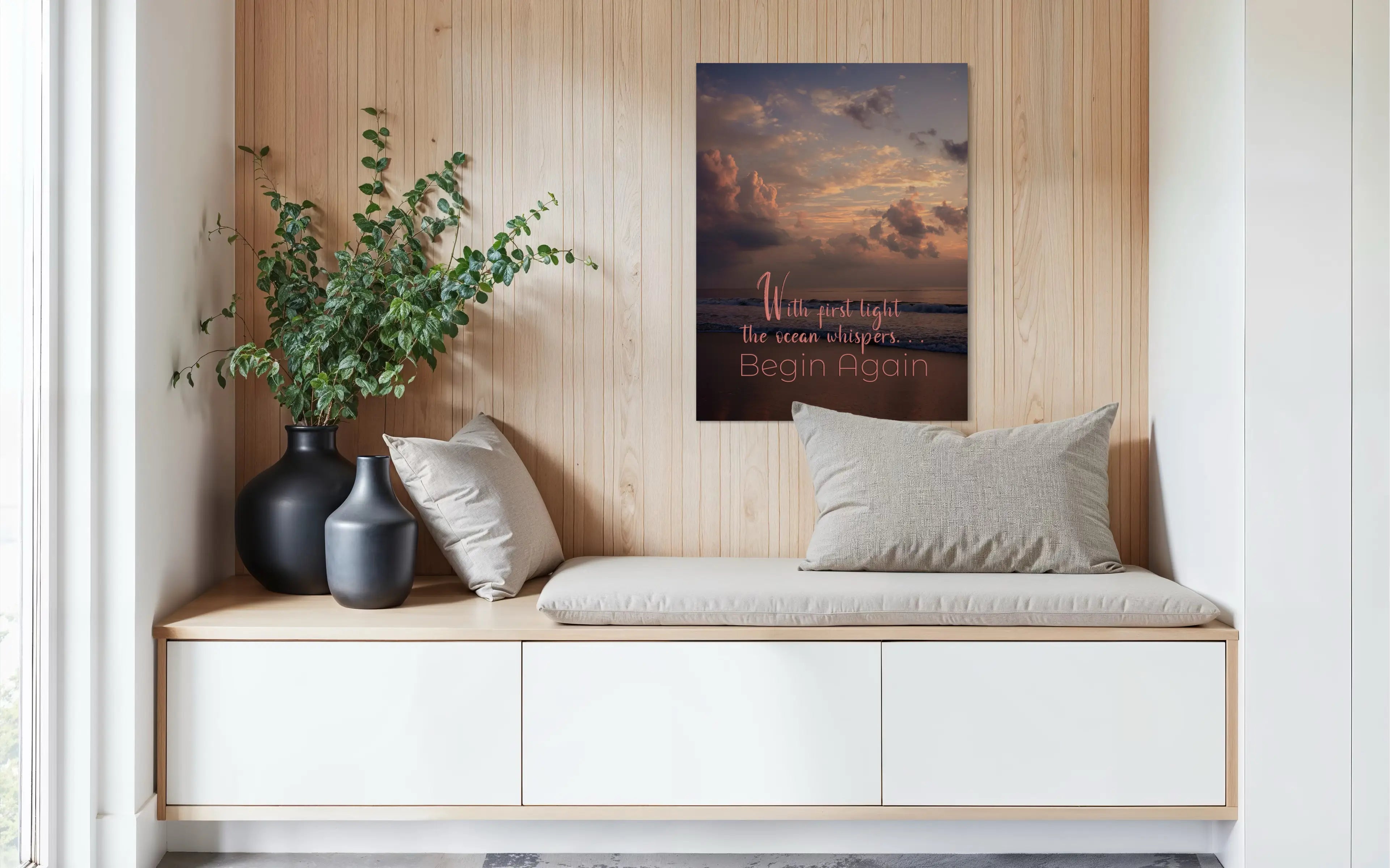 Begin Again sunrise ocean quote coastal glass print – inspirational beach wall art, seating nook