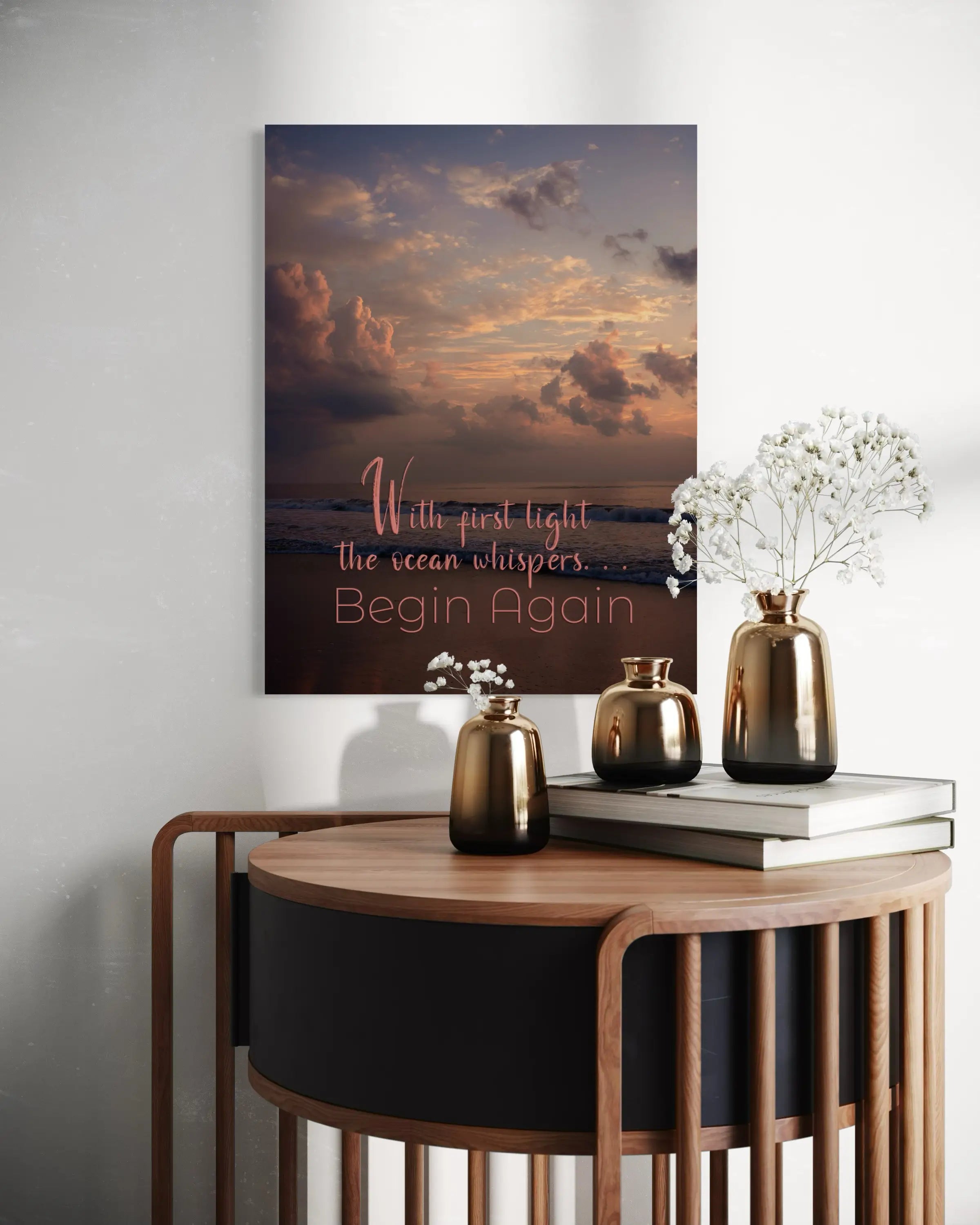 Begin Again sunrise ocean quote coastal glass print – inspirational beach wall art by Echoes of the Sea above side table