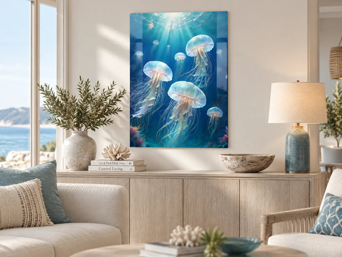 Bioluminescent jellyfish glass print displayed above a sideboard in a serene coastal living room.