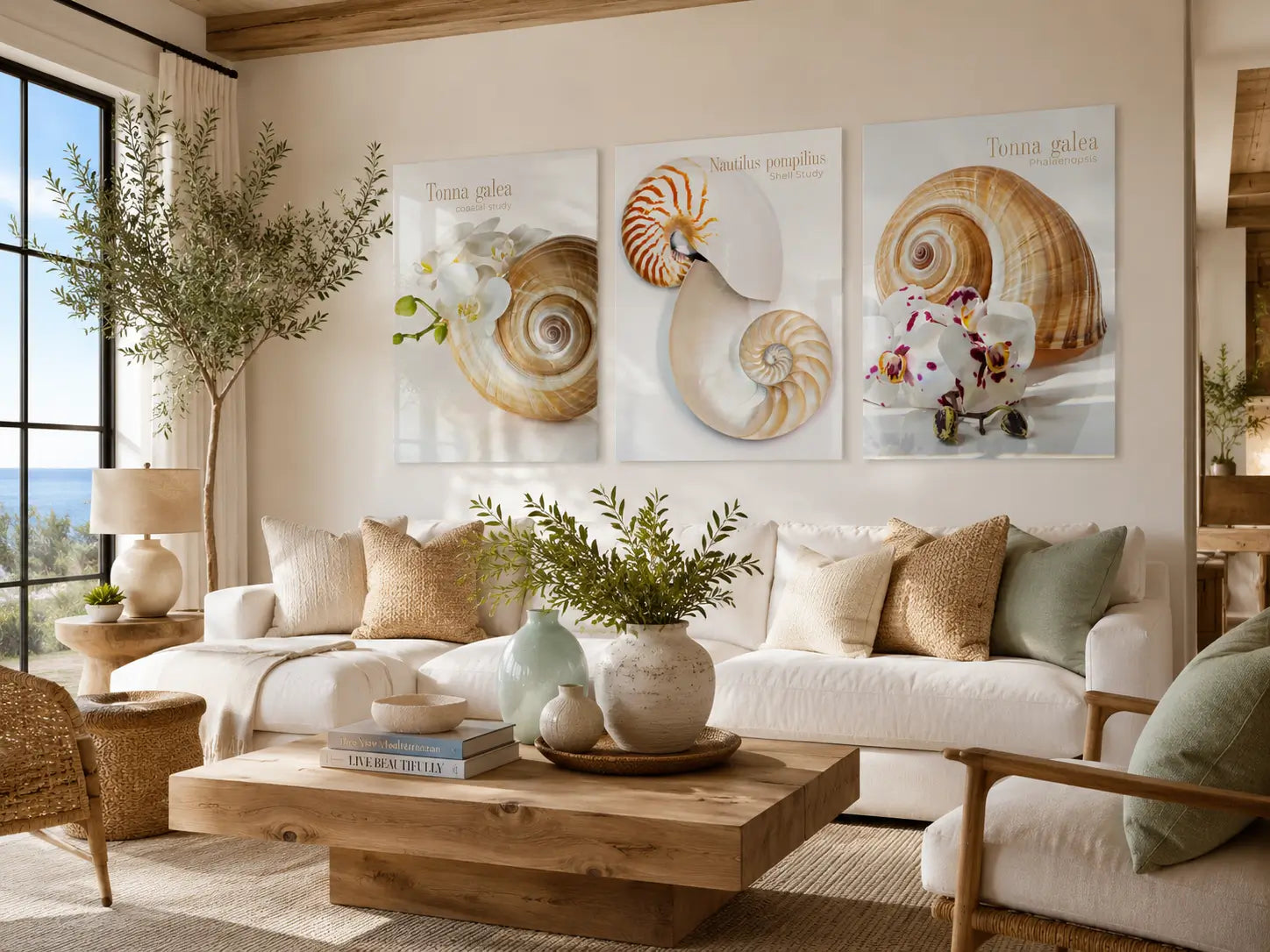 Light-filled biophilic coastal living room with shell study glass art, pale wood, soft greenery, and natural shoreline-inspired texture